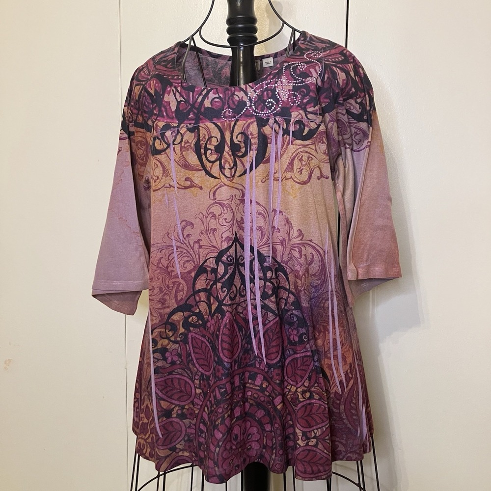 Y2K Whimsygoth Embellished Top‎ Sz M Fairy Grunge Boho Paisley Hippie 3/4 Sleeve
